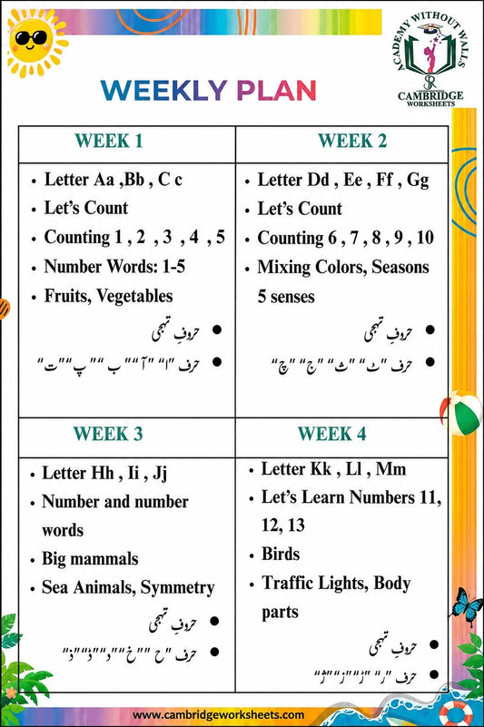 Nursery Pack weekly learning plan covering Weeks 1 to 4