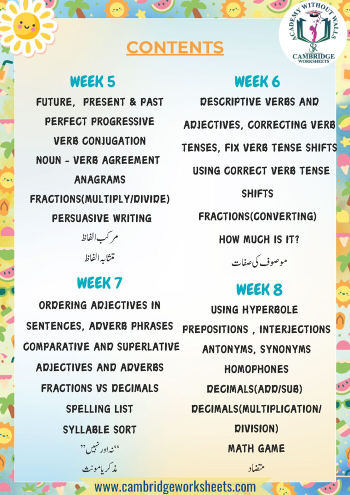 Grade 5 printed summer learning workbook for children in Pakistan