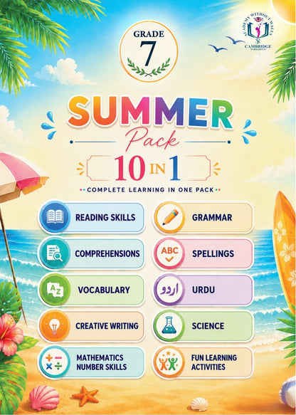 Grade 7 summer revision workbook with printed worksheets