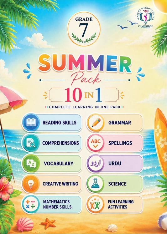 Grade 7 summer revision workbook with printed worksheets