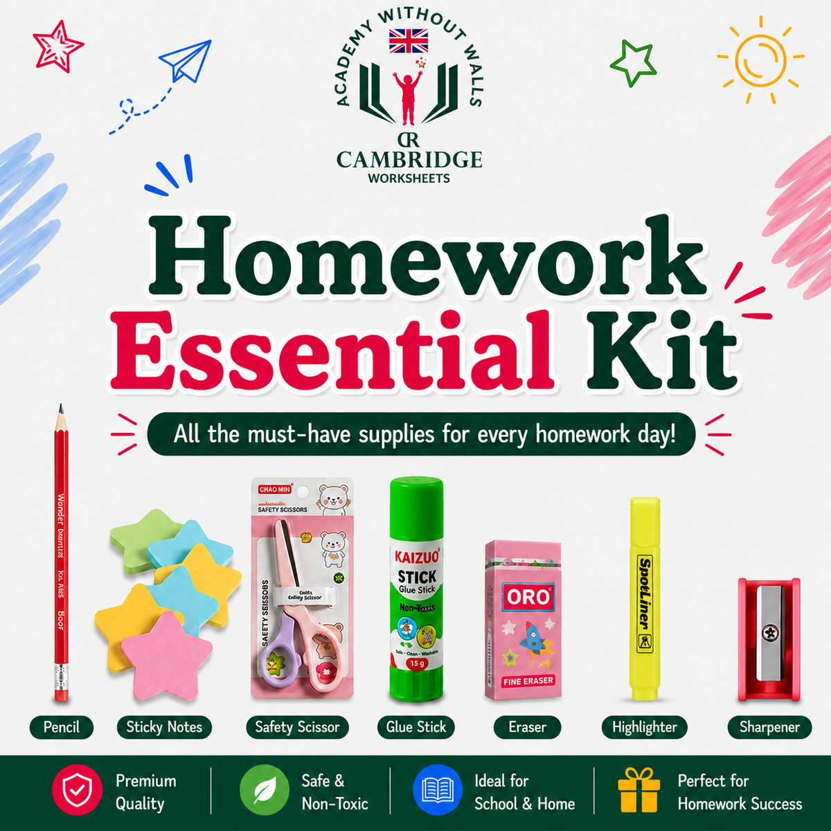 Homework Essentials Kit with student stationery supplies