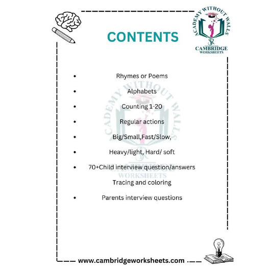 KG1 school entry worksheets for English Math's and tracing