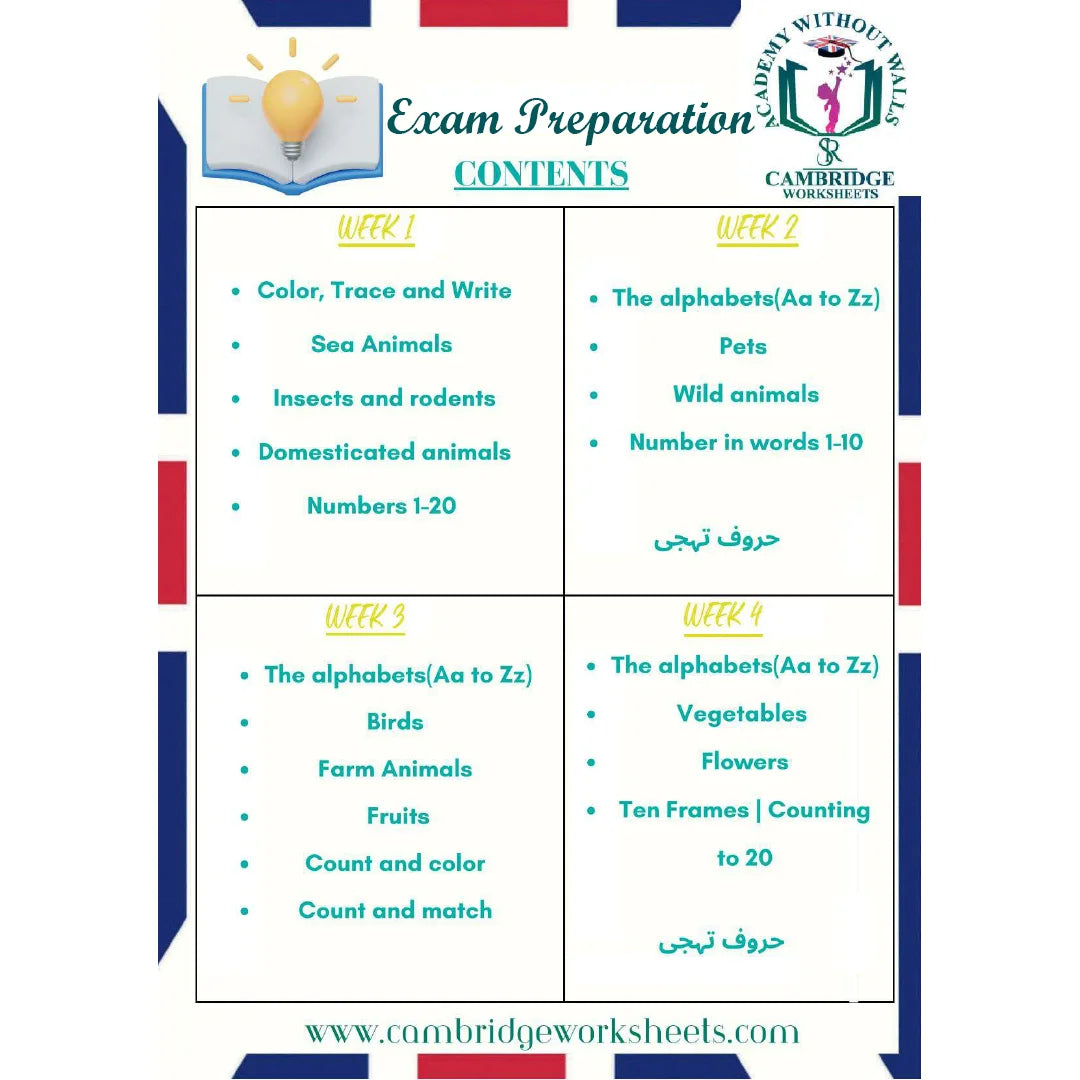 Nursery exam practice workbook for English Math's and tracing