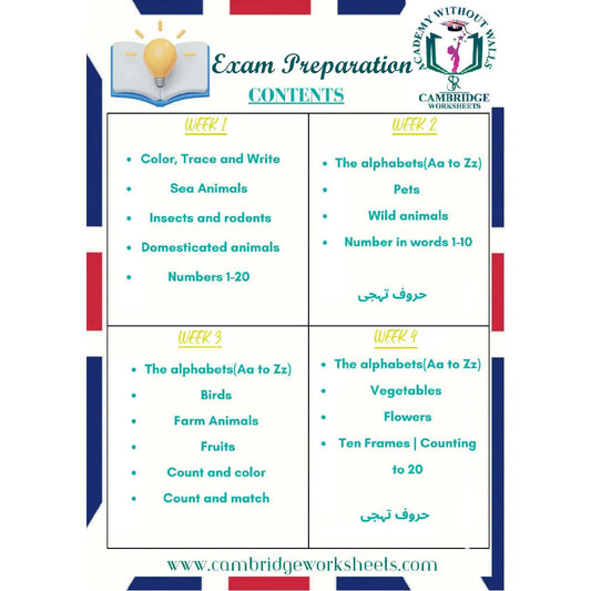 Nursery exam practice workbook for English Math's and tracing