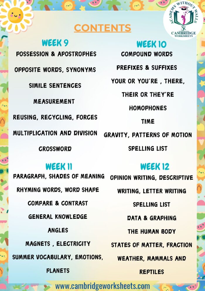 Printed Grade 3 summer worksheets for English and Math's