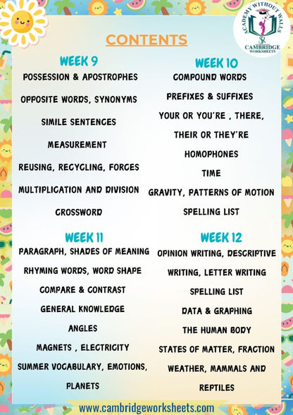 Printed Grade 3 summer worksheets for English and Math's