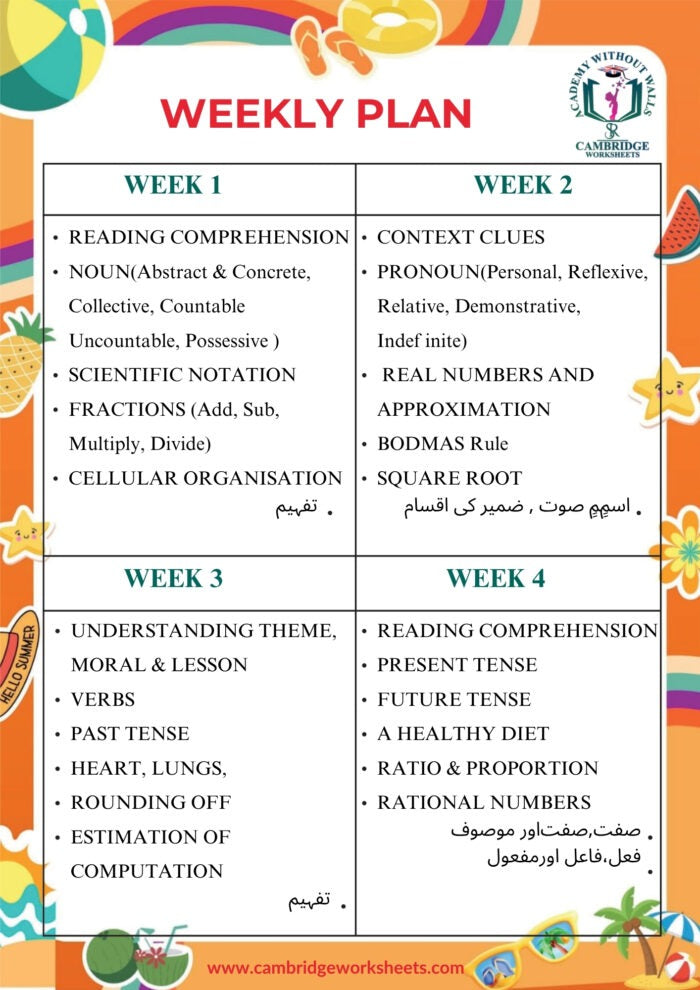 Printed Grade 7 learning worksheets for summer holiday