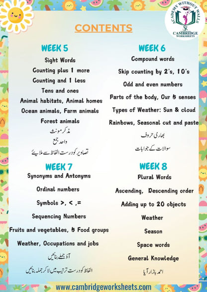 Printed Prep KG2 summer worksheets for reading and math's