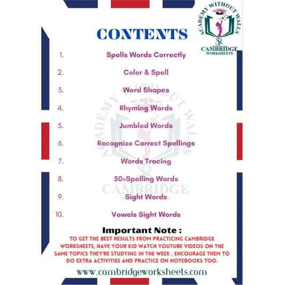 Spellings Pack Grade 1 Contents Page 1 – Cambridge Worksheets