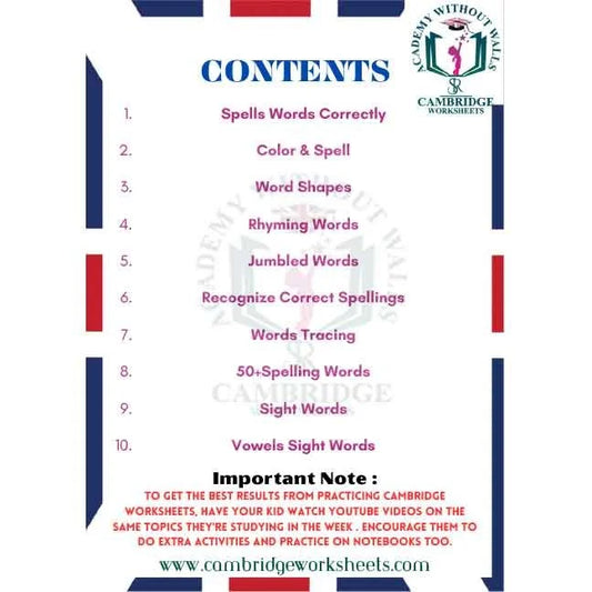 Spellings Pack Grade 1 Contents Page 1 – Cambridge Worksheets