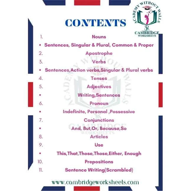 Grade 1 Grammar Pack Contents Page 1 – Cambridge Worksheets