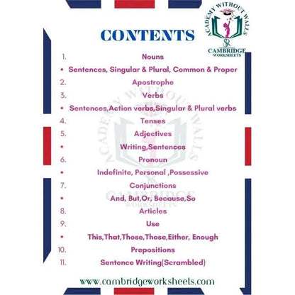 Grade 1 Grammar Pack Contents Page 1 – Cambridge Worksheets