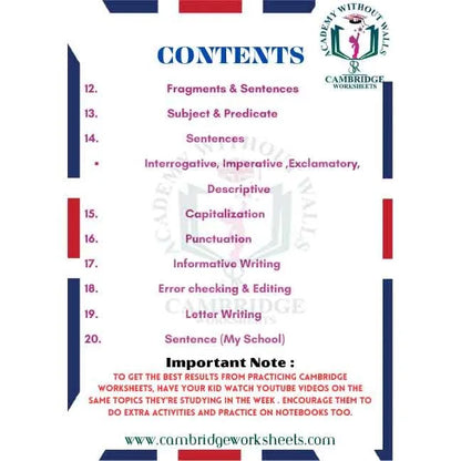 Grade 1 Grammar Pack Contents Page 2 – Cambridge Worksheets