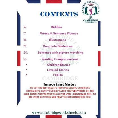 Grade 1 Reading Comprehension Pack Contents Page 2 – Cambridge Worksheets 
