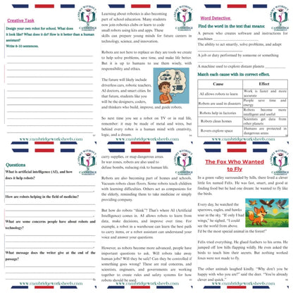 Printed Grade 7 reading passages with comprehension questions