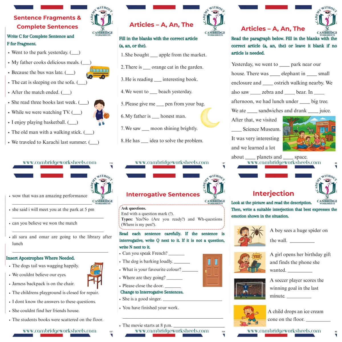 Printed Grade 7 English grammar worksheets