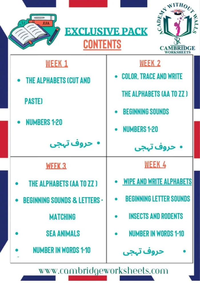 KG1 Nursery Advance Learning Bundle Contents Page 1 – Cambridge Worksheets