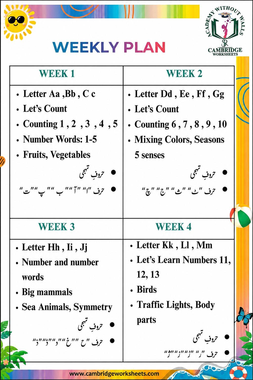 Nursery Pack weekly learning plan covering Weeks 1 to 4